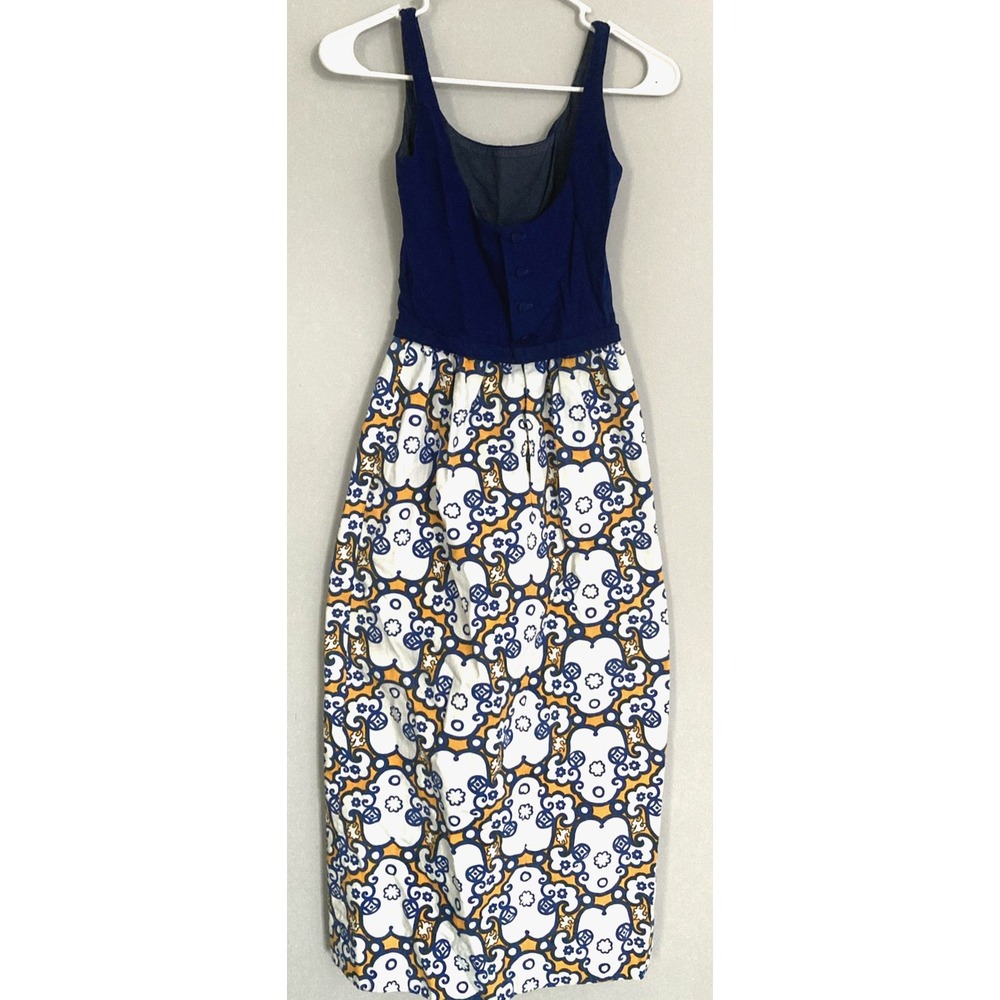 Vtg Lanz and Bonwit Teller Dress Size 9 Blue Geometric Sundress Midi Fit & Flare